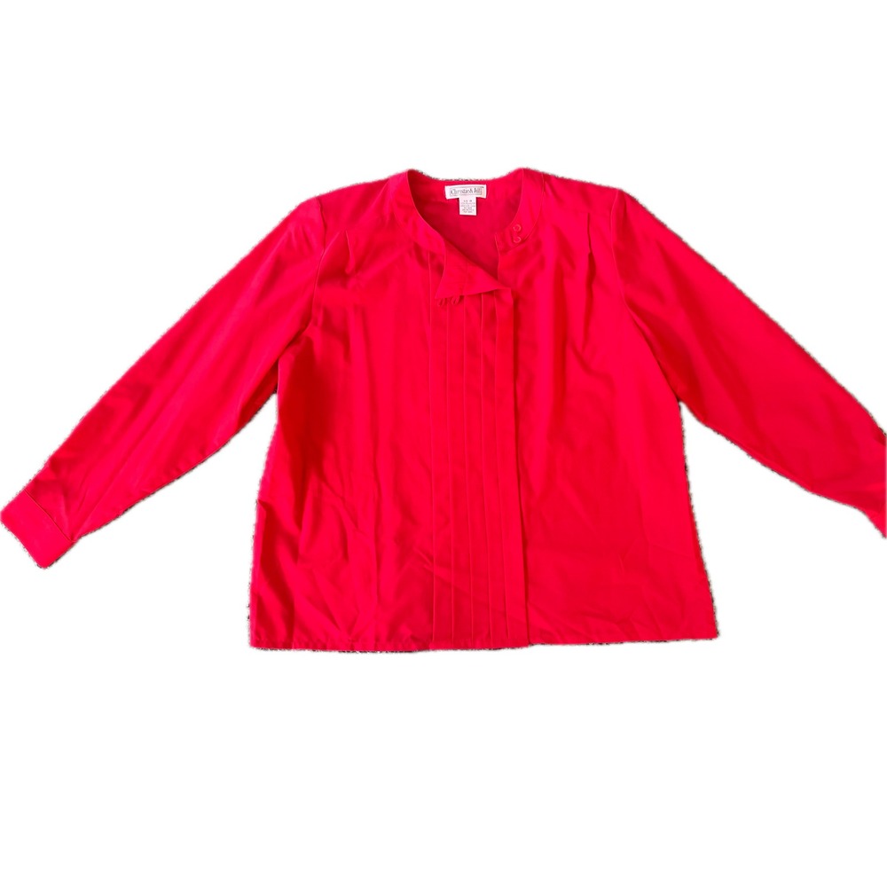 Vintage 80s Red Pleated Front Blouse Long Sleeve Button Neck Top Size 18